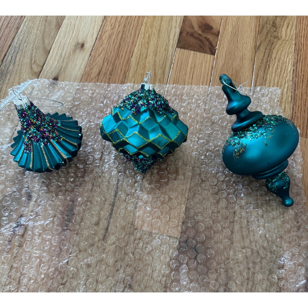 Teal Glass Christmas Ornaments Set of 3 Sequin Glitter Finial Geometric Bell